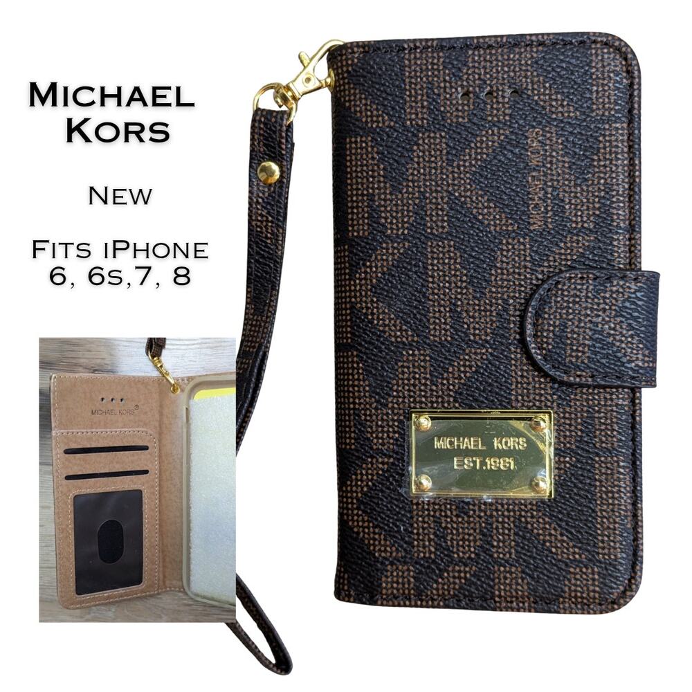 Michael Kors iPhone Case Wristlet Wallet Black Tan Monogram Folio 6 6s 7 8 NEW